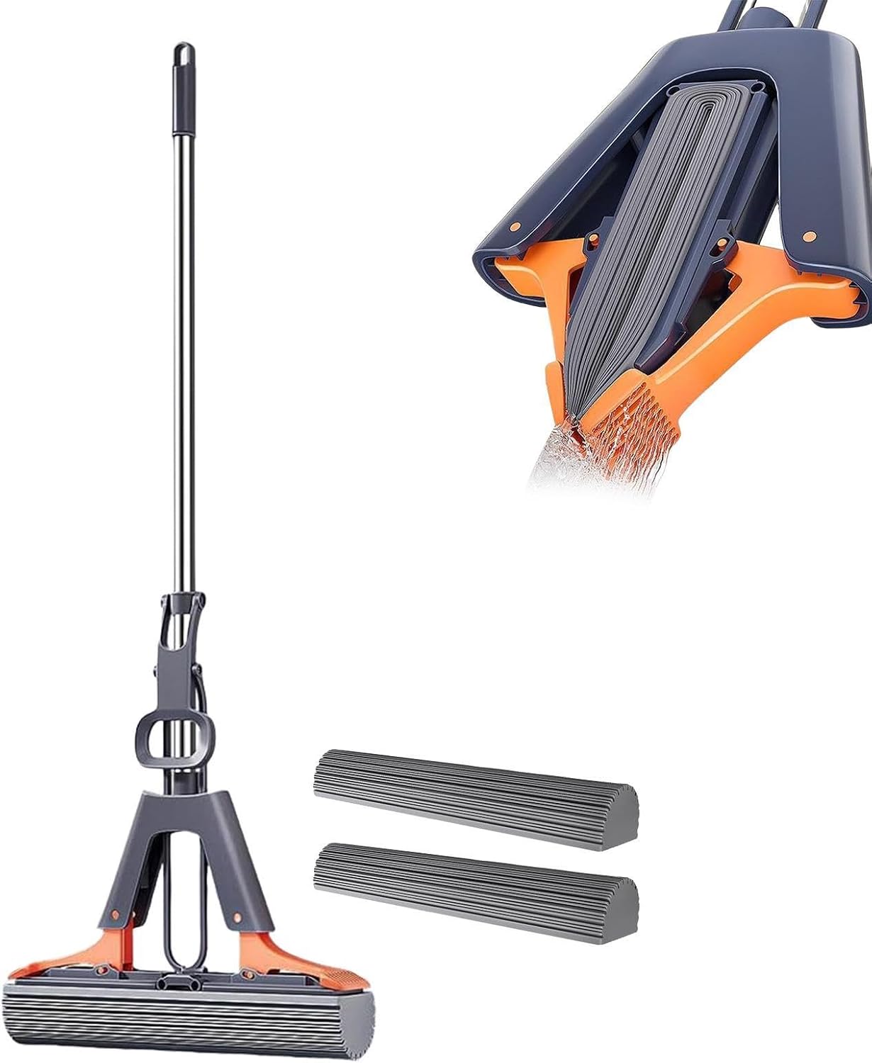 Sponge Mop - Roller Self Squeeze Cleaning Mop with Adjustable Handle, Absorbent Floor Cleaner | Marble Tile Bathroom Balcony Dust Dirt Hair Removal Tool with Replacement Sponge Heads