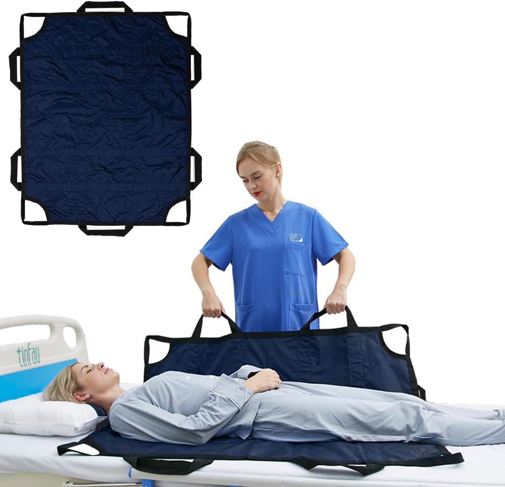 Bed Positioning Pad with Reinforced Handles, 50" X 40" Multipurpose Waterproof Transfer Sheet for Turning, Lifting & Sliding, Reusable Washable Patient Positioning Sheet for Bedridden, Caregiver, Blue