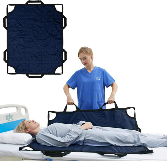 Bed Positioning Pad with Reinforced Handles, 50" X 40" Multipurpose Waterproof Transfer Sheet for Turning, Lifting & Sliding, Reusable Washable Patient Positioning Sheet for Bedridden, Caregiver, Blue
