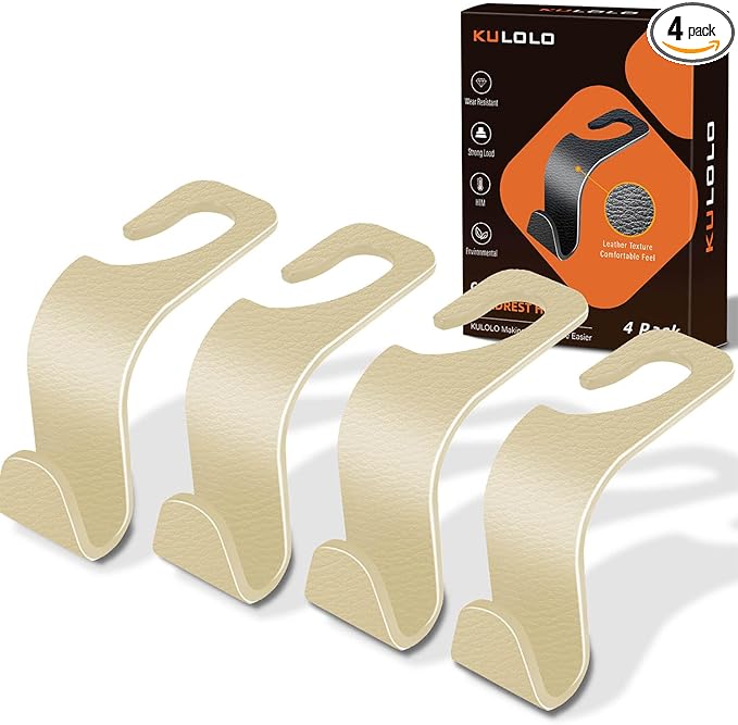 Car Seat Hooks & Purse Holder - 4 Pack Boxed,55 lb Heavy Duty,Eco PP Car Hooks for Purse/Bag/Baby Gear/Gym Bag/Groceries/Cup/,Fits 0.32-0.55âCar Headrest Rods (Beige-2)