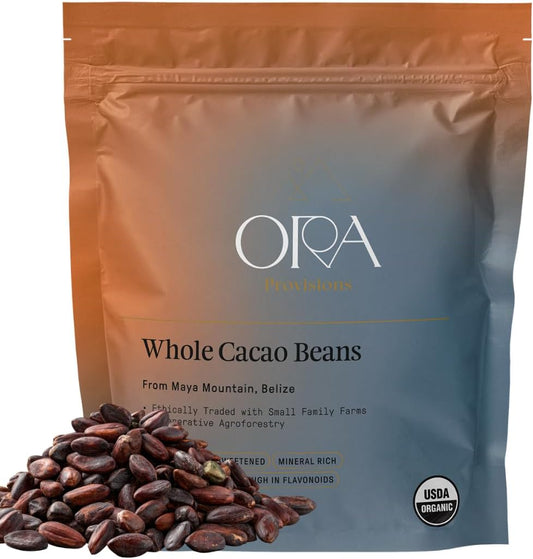ORA Whole Cacao Beans, 10oz - Organic, Ethical, Regenerative, Heavy Metals Tested, Unsweetened