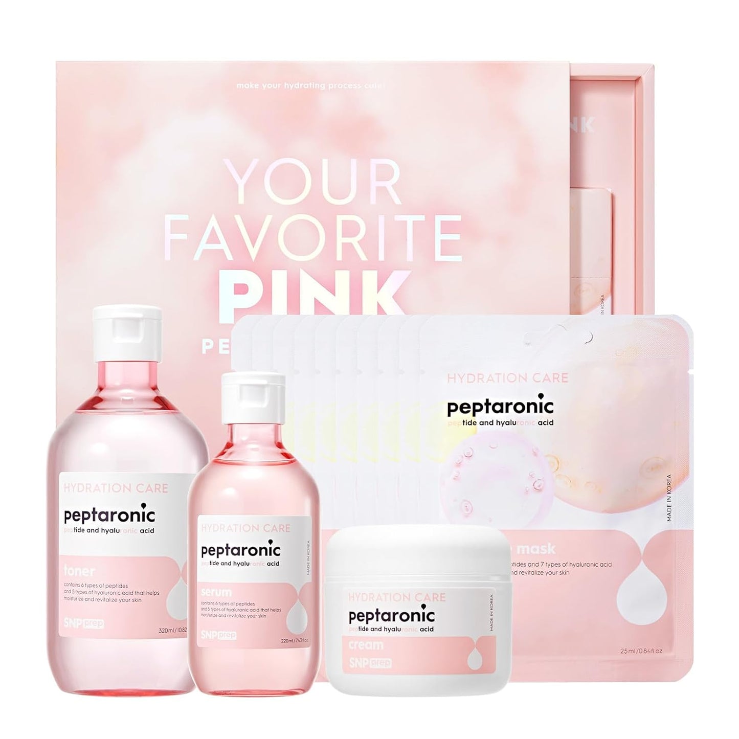 SNP PREP Skincare Set | 4-in-1 Korean Skin Care Set | Peptaronic Complete Skin Care Set | Includes Facial Toner, Cream, Face Serum, and Ampoule Sheet Face Masks | Skin Care Gift Set | 10 Sheets