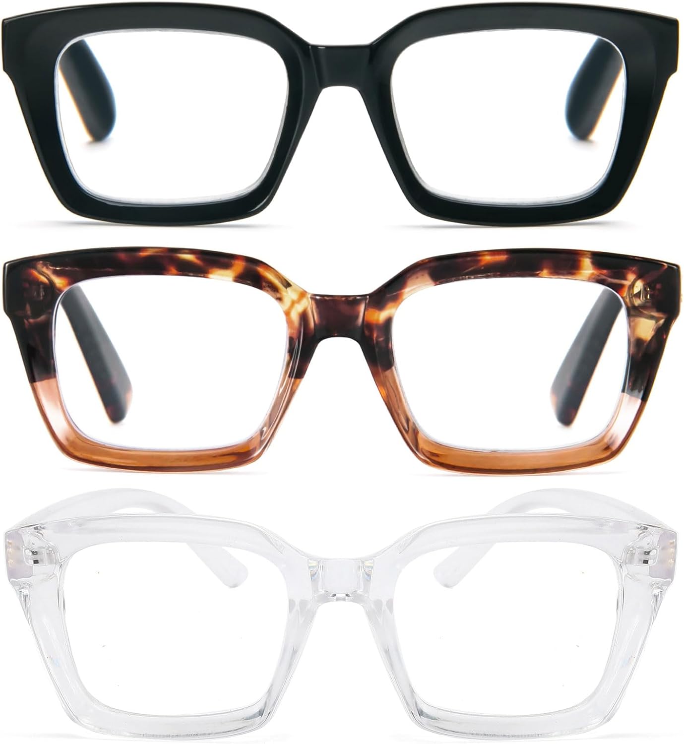MMOWW Oversized Reading Glasses for Women 3 Pairs Sqaure Frame Blue Light Blocking Computer Readers +1.0