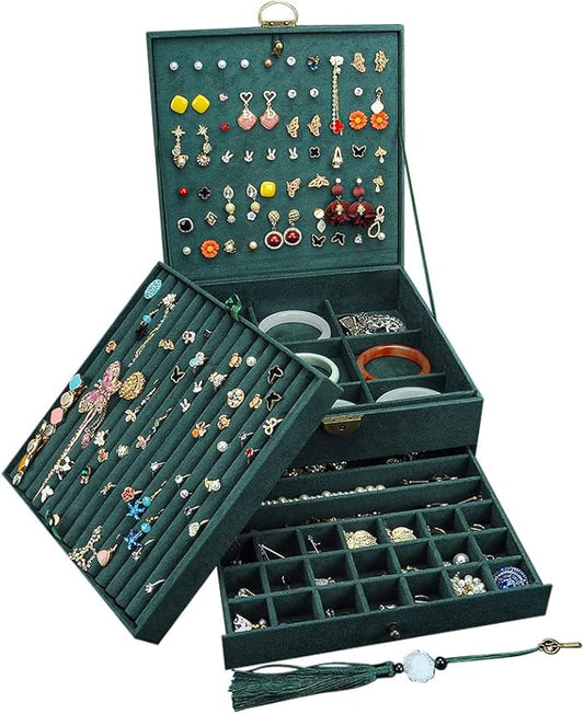 Jewelry Organizer 5 Layers Velvet Square Jewelry Box Women Necklace Ear studs Display Bangles Large Jewelry Storage Case Drawer GY306 (Green)