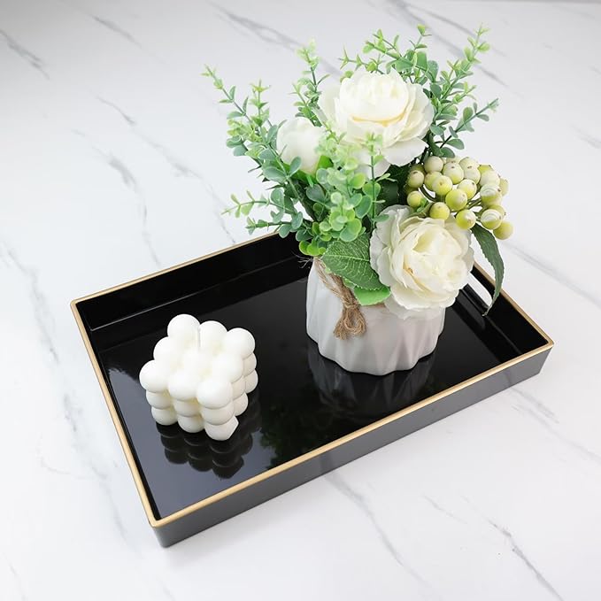 Spsyrine Black Bathroom Vanity Tray with Handles for Dresser Tops, Countertop, Perfume Decorative Tray, 11.8â * 7.87â *1.37â