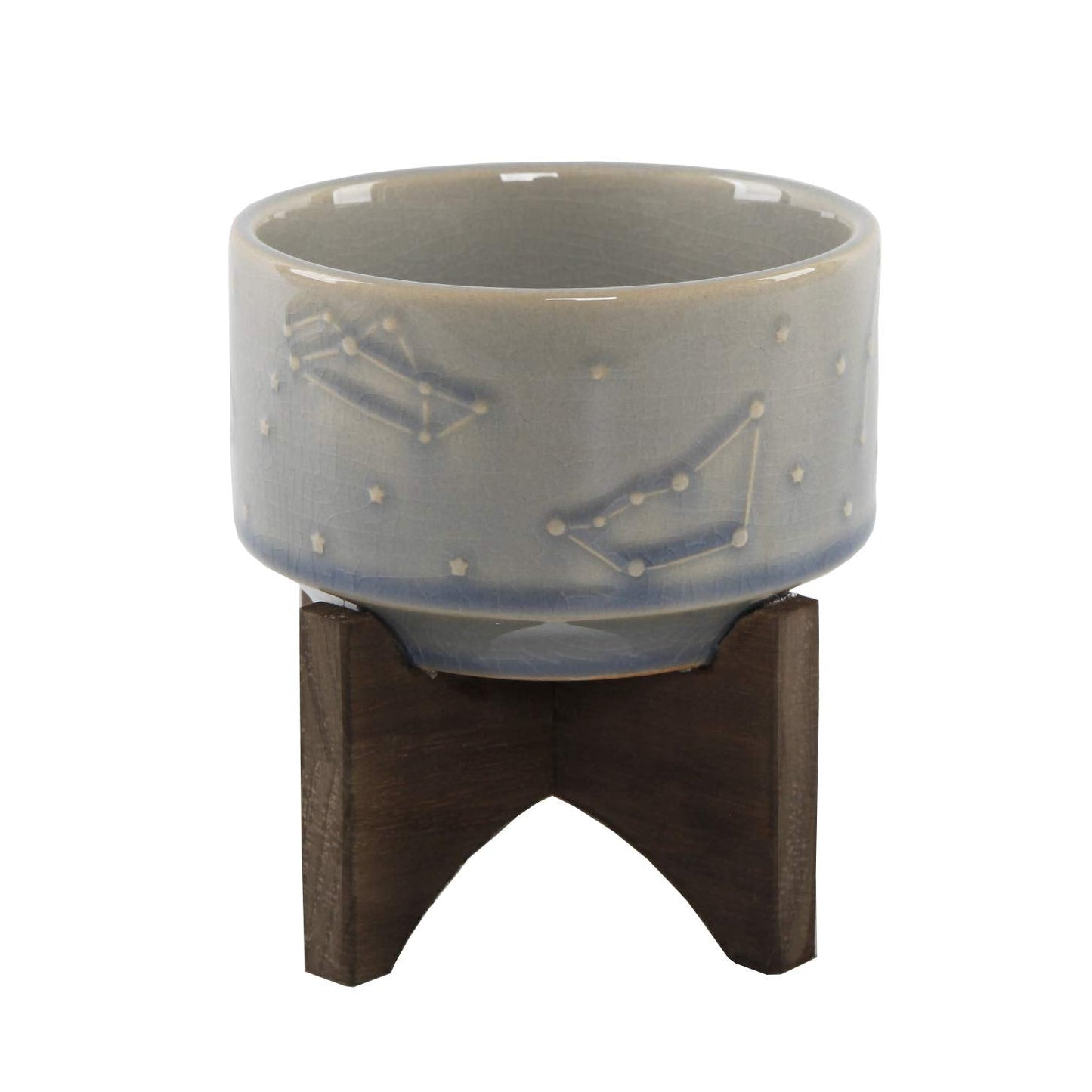 Flora Bunda 4 Inch Constellation Ceramic Pot on Wood Stand Mid Century,Glass Blue 4""