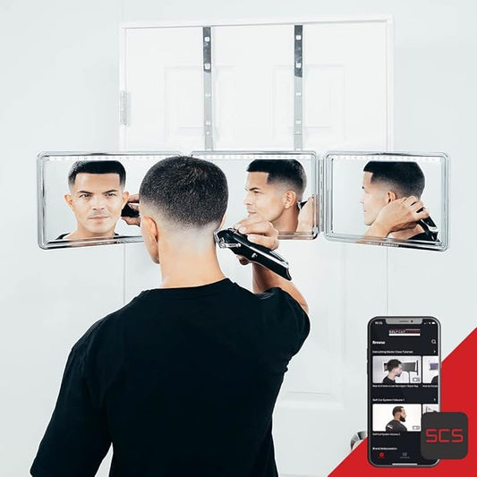 Self-Cut System LED 3 Way Mirror for Self Hair Cutting, Trifold Barber Mirror with Height Adjustable Hooks, 360 View, Includes Free Educational Mobile App (Heaven Lights)