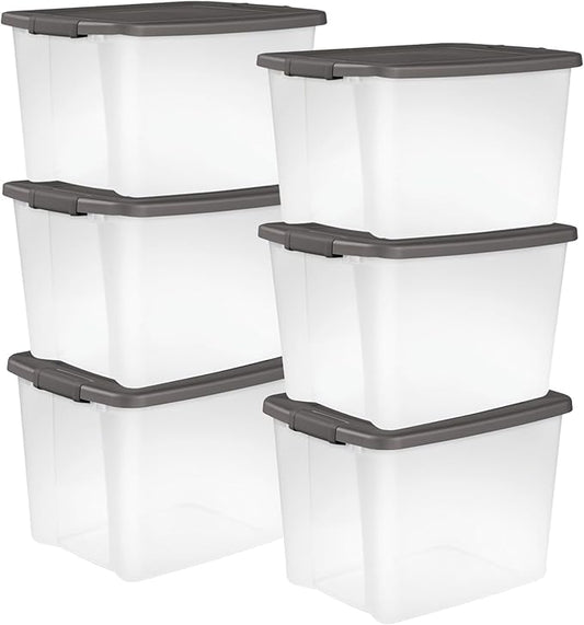 Sterilite 6-Pack ShelfTote, Clear Plastic Storage Bins with Lids, 50 Quart, Gray - Stackable Organizing Container Boxes for Closet, Bathroom, and Office