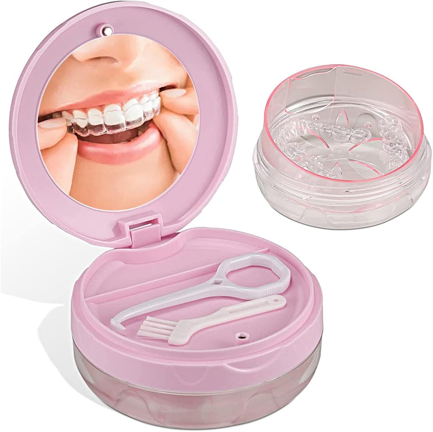 Denture Box Leak-Proof Dental Retainer Case, Portable Denture Bath with Mirror, Removal Tool and Extra Storage Layer, Denture Case Perfect for Traveling and Daily Use (Pink)