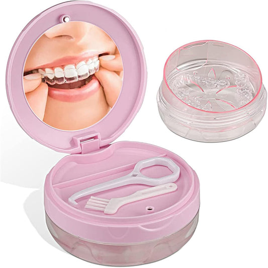 Denture Box Leak-Proof Dental Retainer Case, Portable Denture Bath with Mirror, Removal Tool and Extra Storage Layer, Denture Case Perfect for Traveling and Daily Use (Pink)