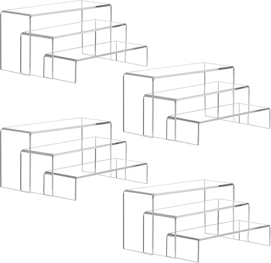 ANDGOO 12 Pack Large Acrylic Risers, 4 Set(11.2âL~11.6âL~12âL) Clear Rectangular Stands for Display, Tiered Acrylic Shelves for Decor, Collectibles, Dessert Table, Retail Display Shelf Showcases
