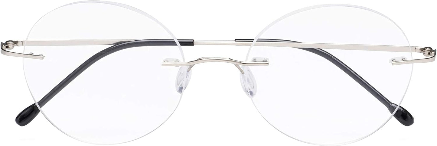 CessBlu Rimless Reading Glasses Round Readers for Men Women (Silver) +0.5