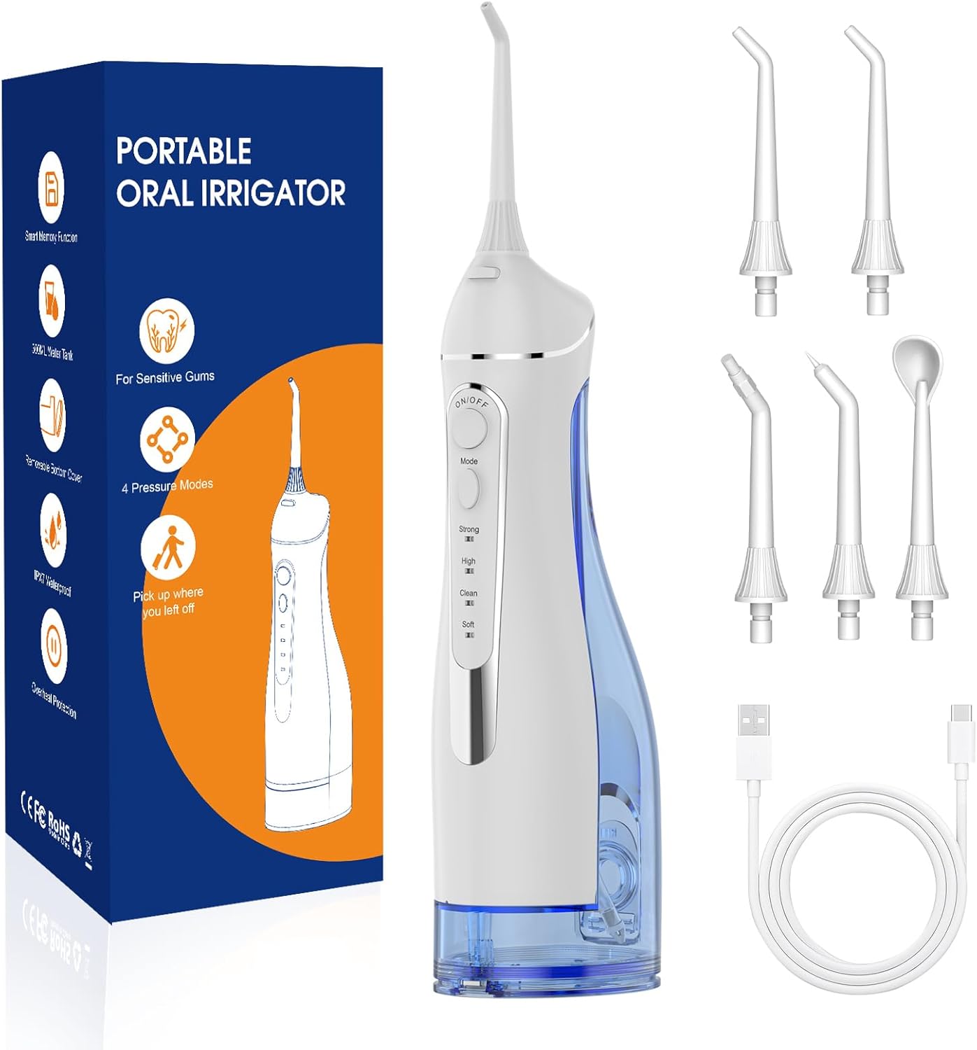 Portable IPX7 Rechargeable Water Flosser for Teeth Pick, 4 Modes 5 Jet Tips Oral Irrigator, 300ml Tank - for Braces, Sensitive Gums, Home & Travel
