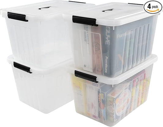 4-Pack 25 Quart Storage Boxes, Plastic Storage Latch Bin with Handle, Clear