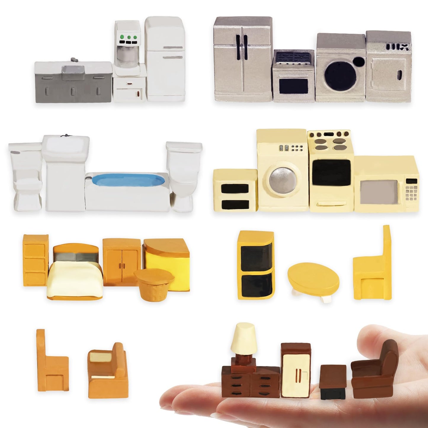 Hiawbon 31PCS Miniature Furniture Set, 1：48 Scale Resin Miniature Accessories and Furniture, Kitchen Bathroom and Living Room Set, Miniature Furniture Kit for Fairy Garden Home Decor