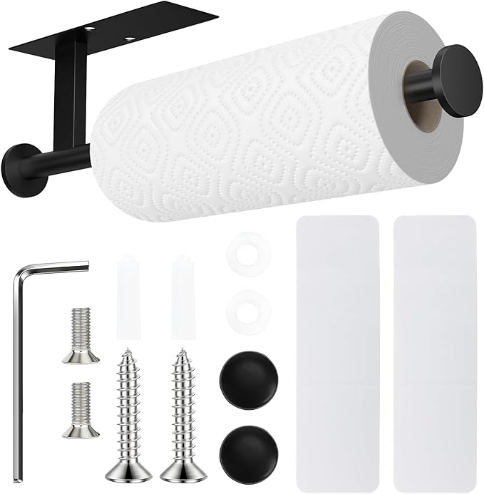 Paper Towel Holder Wall Mount - Self Adhesive No Drill or Drilling, SUS304 Stainless Steel - Kitchen, Bathroom, Sink, Pantry, Fridge(Black)