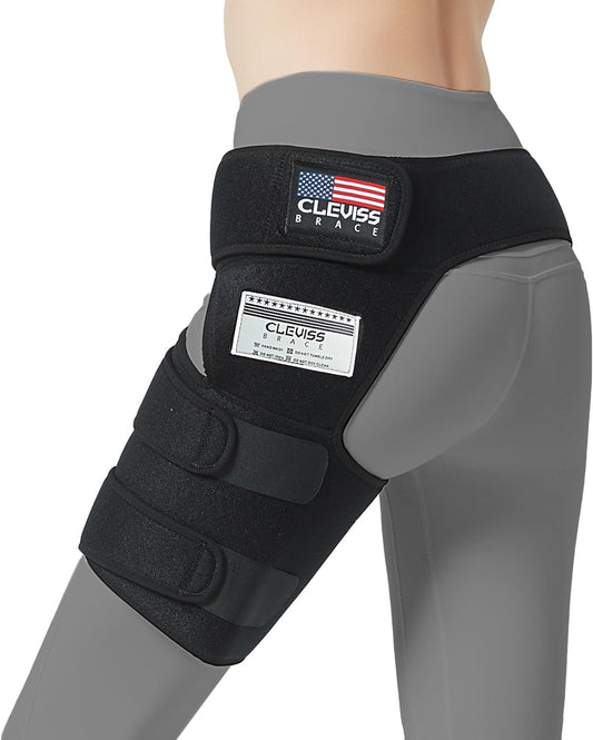 Hip Brace - Comfortable Groin Support Wrap for Sciatica Pain Relief, Compression Neoprene Thigh Sleeve Hamstring for Pulled Quadriceps Muscle - Flexor Strain - Bursitis and Arthritis(Black Left Leg)