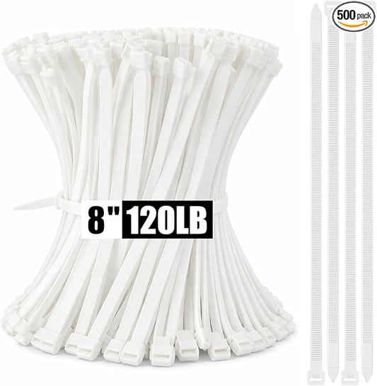 500 Pcs 8 Inch Zip Ties Heavy Duty 120 Lbs Tensile Strength White Nylon Wire Cable Ties Bulk for Indoor Outdoor