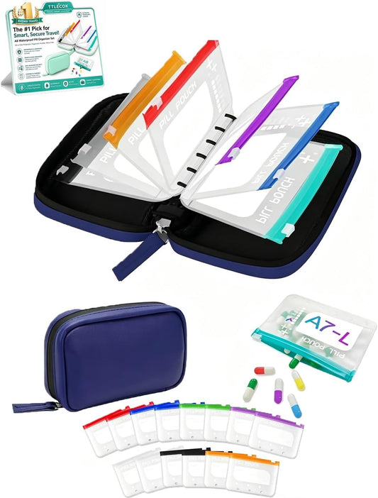 A8 Waterproof Pill Organizer Set, Waterproof Pill Pouch Set, Travel Medicine Organizers with 14 Color-Coded Pouches, Leakproof Reusable Zippered Storage Case, Compact Daily Pills Holder(Blue)
