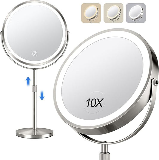 10x Large Lighted Makeup Mirror, Rechargeable 8" Height Adjustable Vanity Mirror, 1x/10x Magnifying Mirror with 3 Color, Brightness Adjustable, 360Â° Rotation Double Sided Mirror, Gift for Her(Nickel)