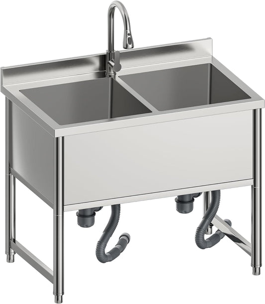 35" Stainless Steel Commercial Sink 2 Bowl Freestanding Kitchen Sink with Pull-out Faucet, Large Utility Sink for Kitchen, Dishwashing, Thawing, Laundry Room, Garage, Outdoor, Total Capacity 36 Gallon