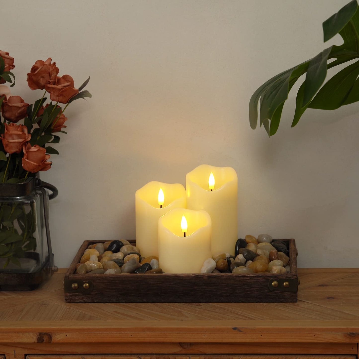 Homemory Flickering Flameless Candles, Realistic LED Candles with Remote and Timer, Real Wax Battery Operated Candles, Set of 3, Ivory