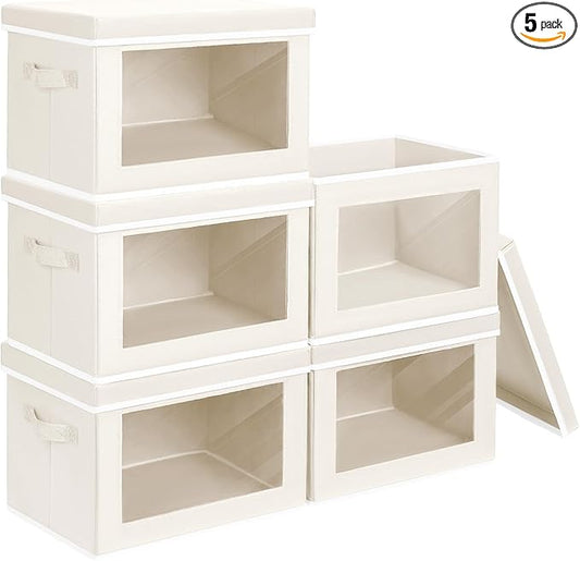 Storage Bins with Lids - Large Decorative Basket with Lids, Fabric Foldable Closet Organizer Bins, Stackable Shelf Organizer for Living Room, Dorm, 5 Pack, Beige
