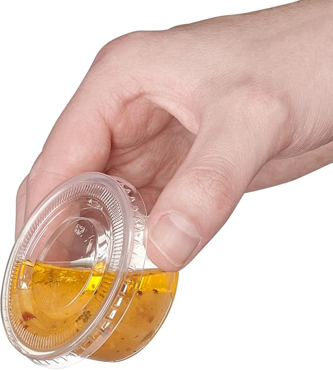 GUSTO 2 oz Jello Shot Cups with Lids [100 Count] Clear Plastic Portion Containers, Condiment Cups for Sauces, Dressings & Samples – Durable, Stackable, Leak-Resistant (Formerly Comfy Package)
