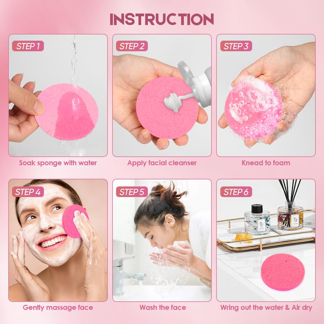 AIDEA 96Count Compressed Facial Sponges Pink, Round Face Sponges for Cleansing, Natural Cellulose Cosmetic Spa Sponges for Washing Face, Exfoliating, Makeup Removal, Travel Essentials for Women