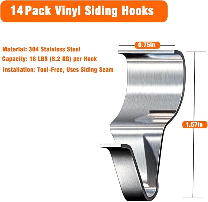 14 Pcs Vinyl Siding Hooks, Stainless Steel No-Hole Hangers for Hanging Wreaths & Outdoor Decor, Low Profile Siding Clips, Easy Installation, No Tools Needed (14, Sliver)
