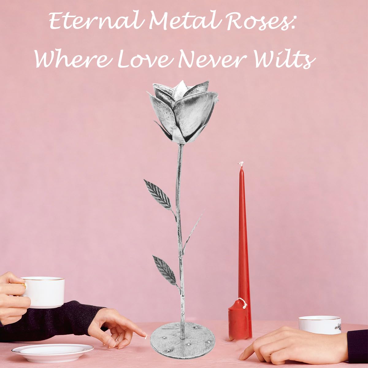 10 Year Gifts Anniversary Tin Wedding Gifts Ten Year for Him Her, 10 Years Anniversary Wedding Unique Gifts Ideas for Wife Couple Silver Metal Rose with Base (Silver)