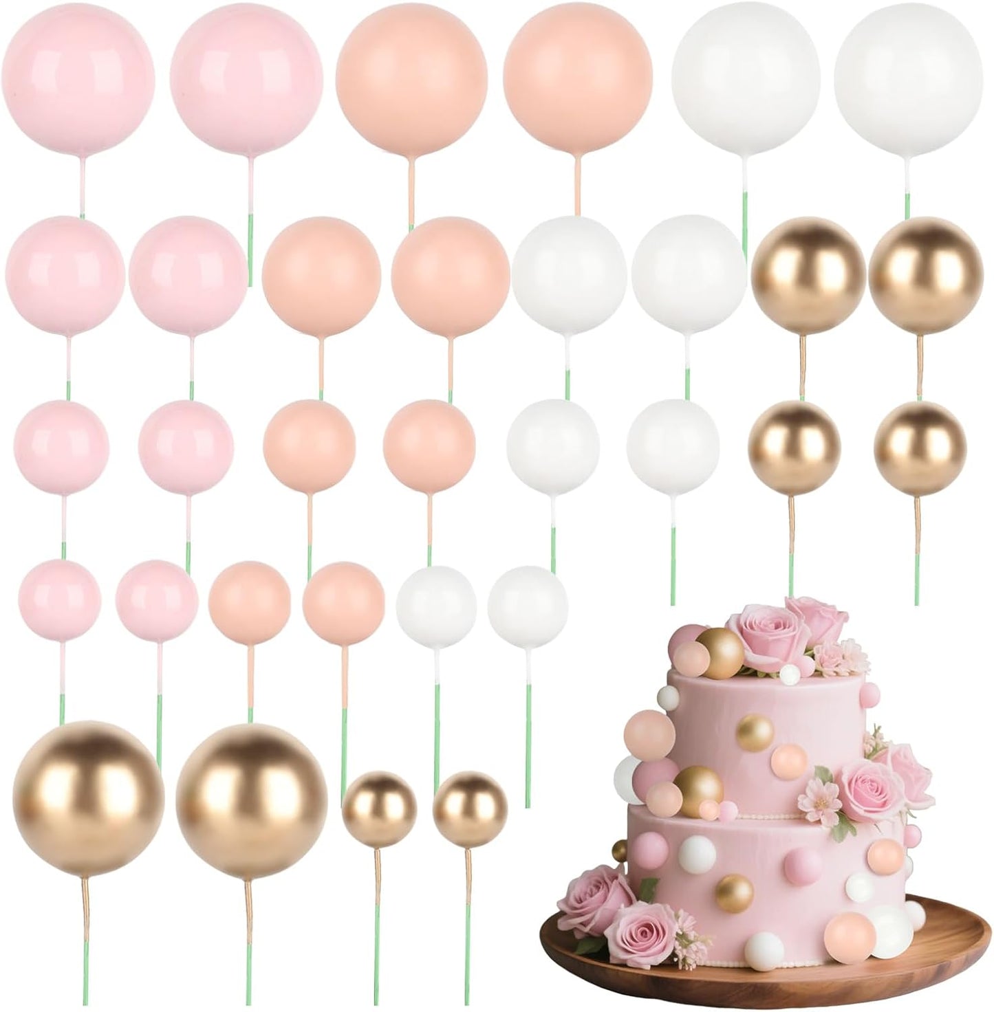 32 Pcs Balls Cake Topper Decorations Mini Balloons Cupcake Topper Sticks DIY Cupcake Insert Foam Balloons for Cake Baking Wedding Anniversary Birthday Decoration(Pink Series, White, Gold,Multi Sizes)