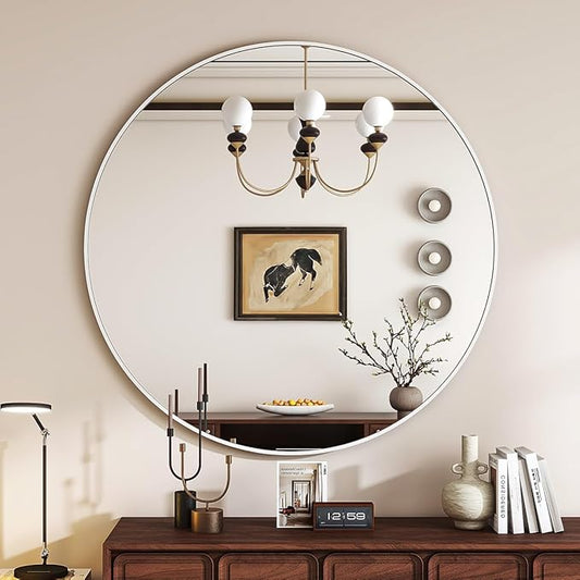 White Round Mirror, 24 Inch Circle Bathroom Mirror with Metal Frame, Wall-Mounted for Entryway, Bathroom, Vanity, Living Room