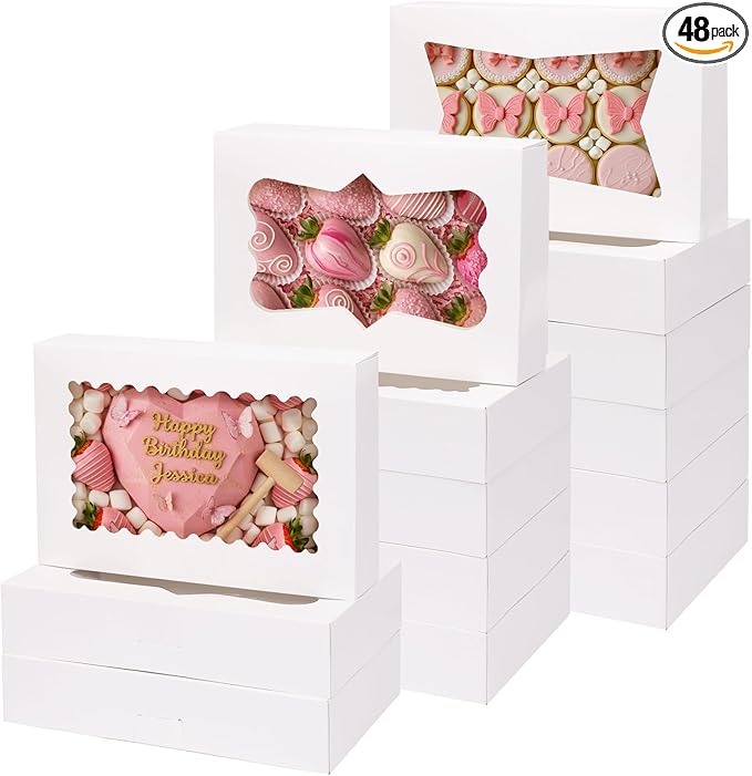 Moretoes 48pcs Treat Boxes with 3 Style Window, 12x8x2.5 Inches Auto-Popup Cookie Boxes for Chocolate Covered Strawberries,Muffins, Donuts, Pastries (White)