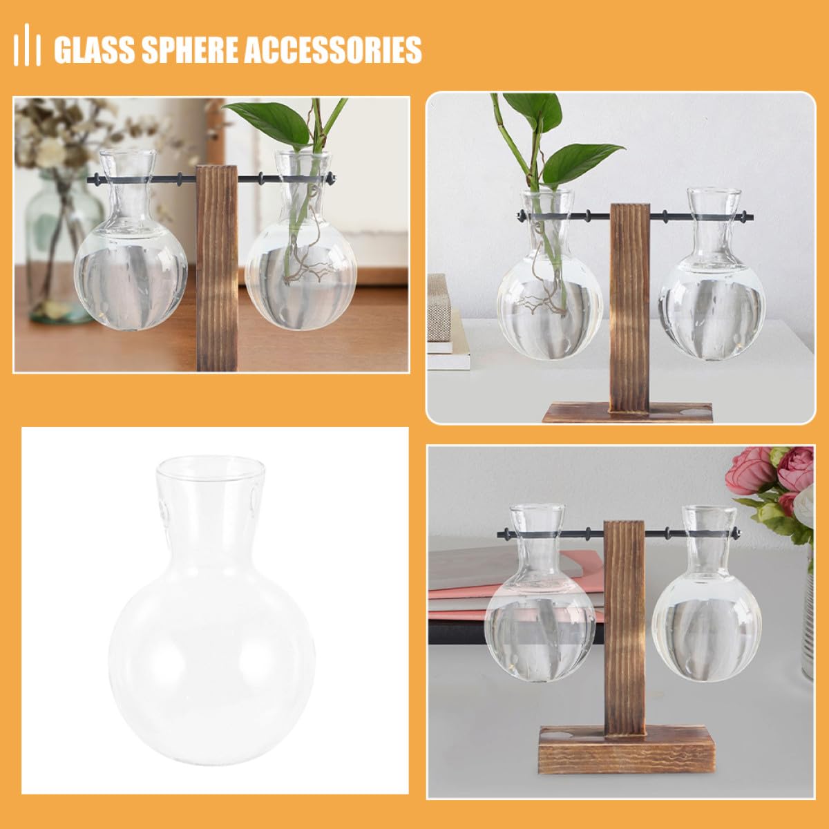 MAGICLULU 3pcs Hydroponic Propagation Glass Vase Set with Holes on Wooden Stand, High Borosilicate Glass Planter for Plant Terrarium and Indoor Gardening Decor