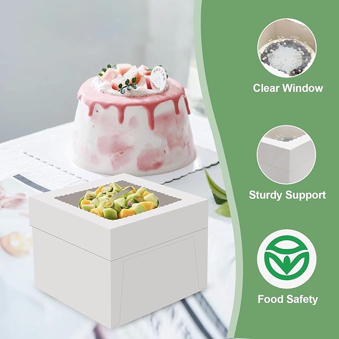 2 Pack Cake Boxes, 12x12x8 Inches Tall Cake Box with Cake Boards, White Bakery Boxes with Large Window, Disposable Cakes Transport Containers with Lids, for Cookies, Pies, Wedding, Birthday