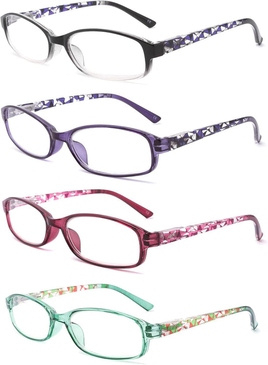 4 Pack Reading Glasses Blue Light Blocking,Fashion Ladies Spring Hinge Readers with Pattern Print,Anti Glare UV Eyeglasses for Women 0.75