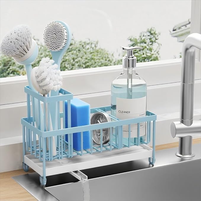 Cisily Sponge Holder for Kitchen Sink, Sink Caddy Organizer with High Brush Holder, Kitchen Countertop Organizers and Storage Essentials, Rustproof 304 Stainless Steel (Blue, 9.25â³)