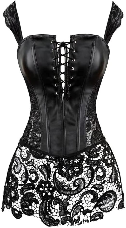 Women's Punk Rock Faux Leather Dress Corsets Steampunk Bustier Lingeire Corset Skirt Plus Size Overbust Costume Set
