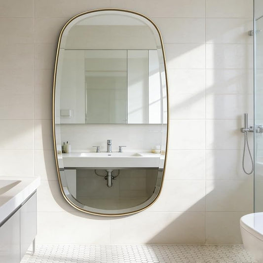 POZINO Brushed Gold Beveled Mirror, 24"x40" Modern Rounded Rectangle Mirrors, Brass Oval Mirrors, Oblong Vanity Wall Mirror in Premium Stainless Steel Frame, Hangs Horizontal Or Vertical