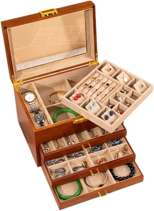 Bescott 5 Layer Solid Wooden Jewelry Box with Lock and Key for Women Men Vintage Velvet Wood Jewelry Organizer Storage for Earrings Rings Necklaces Bracelet Watch Motherâs Day Gift
