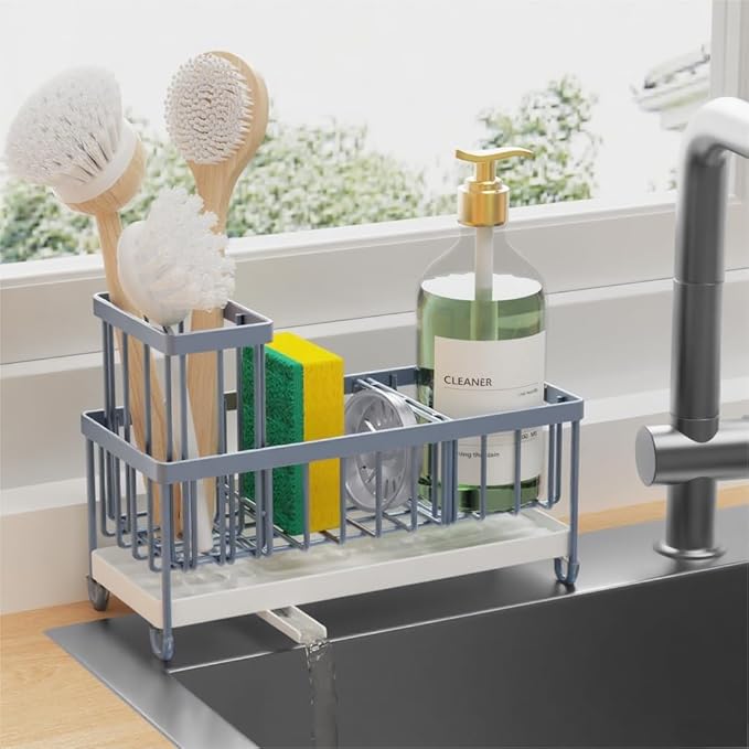 Cisily Sponge Holder for Kitchen Sink, Sink Caddy Organizer with High Brush Holder, Kitchen Countertop Organizers and Storage Essentials, Rustproof 304 Stainless Steel (Gray Blue, 9.25â³)