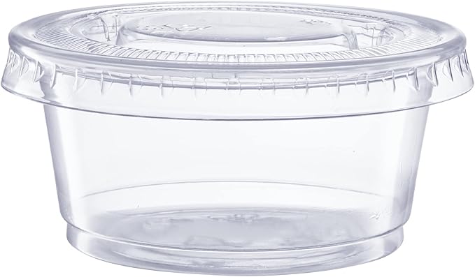 GUSTO 2 oz Jello Shot Cups with Lids [100 Count] Clear Plastic Portion Containers, Condiment Cups for Sauces, Dressings & Samples – Durable, Stackable, Leak-Resistant (Formerly Comfy Package)