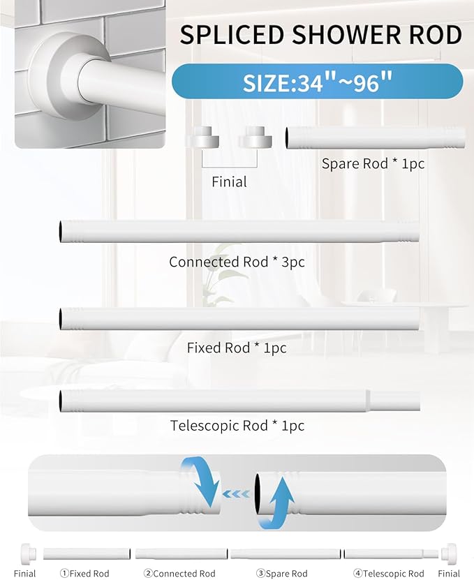 White Shower Curtain Rod 34-96 Inches(2.8-8ft) Adjustable Shower Rod No Drilling Non-slip Never Rust Shower Tension Rod for Bathroom Bedroom Windows Outdoor Garden