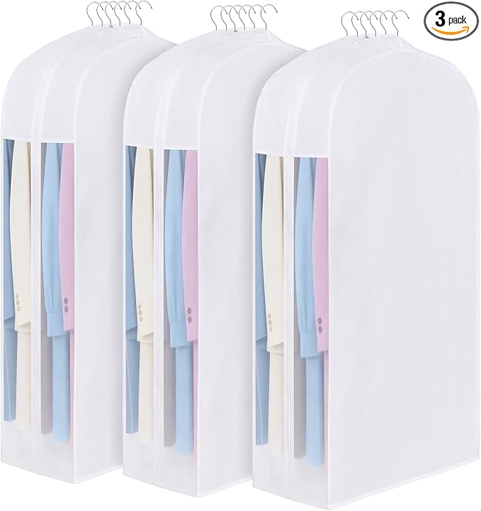 Kntiwiwo 50" Premium Cotton Garment Bag for Hanging Clothes, Breathable Suit Bags for Closet Storage with Extre Large 10" Gusseted & Clear Window, Dust Cover with Zipper for Suits, Coats, 3 Pack