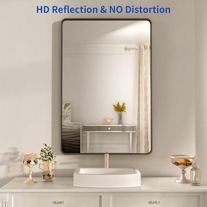 WEER 28x36 Inch Bronze Bathroom Mirror for Vanity, Brushed Bronze Metal Frame Mirror for Wall, Rounded Rectangle Bronze Frame Mirror with Tempered Glass, Anti-Rust (Horizontal/Vertical)