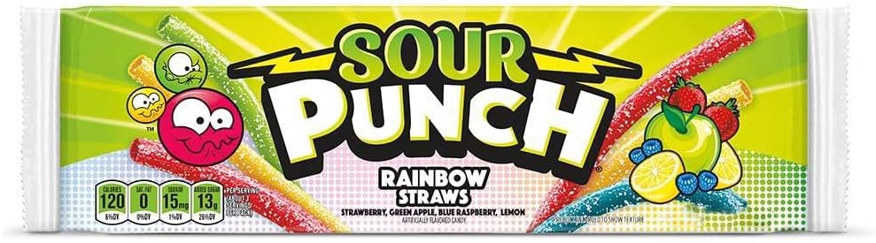 Sour Punch (1) Pack Rainbow Straws - Strawberry, Green Apple, Blue Raspberry, Lemon Flavored Candy - 3.75 oz