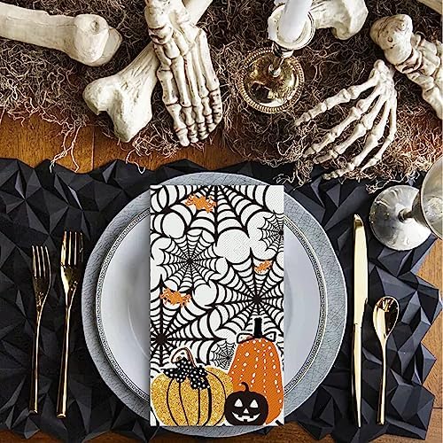 Horaldaily 100 Halloween Disposable Paper Decorative Guest Napkins, Scary Themed Cobweb Pumpkins Hand Towel for Party Lunch Dinner Kitchen Bathroom