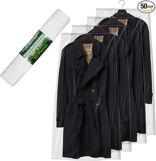 PARTY BARGAINS 60 x 24 Inch Disposable Clear Garment Bags, 50 Pack â Heavy-Duty Plastic Clothes Covers for Suits Dresses Coats, Closet & Travel