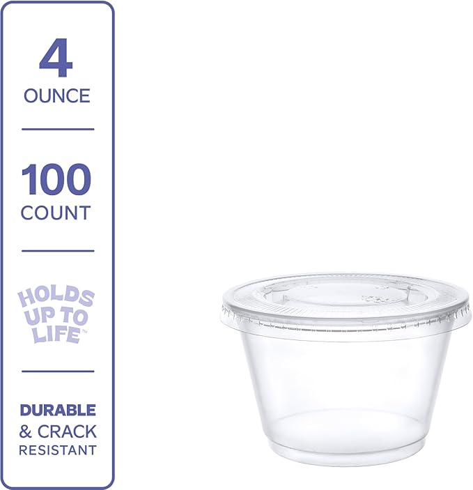 GUSTO 4 oz Jello Shot Cups with Lids [100 Count] Clear Plastic Portion Containers, Condiment Cups for Sauces, Dressings & Samples – Durable, Stackable, Leak-Resistant (Formerly Comfy Package)